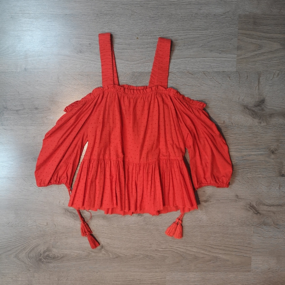 Neo-vintage Eco-lux Grapefruit RED Orange shirred Voluminous Peasant Blouse